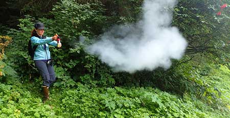 Practicing with inert bear spray The real spray projects a reddish colored cloud of deterrent